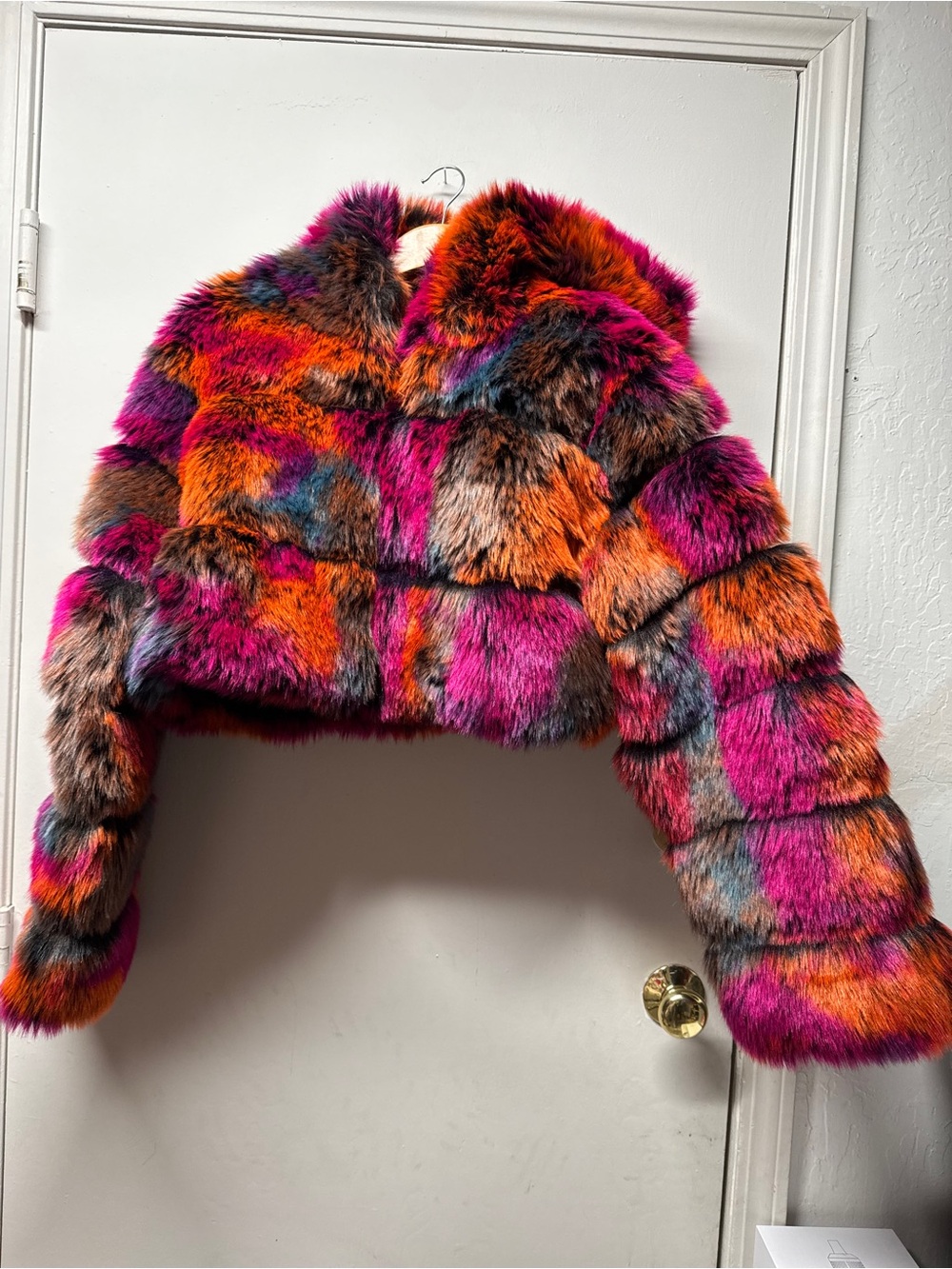 AKIRA Multicolor Faux Fur Hooded Crop Jacket in Red and Purple Tones - Picture 6 of 10